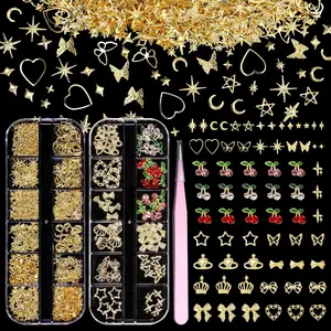 2 Boxes 300 Pcs Gold Nail Charms, Cherry Nail Charms, Bows Star Heart Crosses Butterfly Crown Nail Gold Charms, Multi Shapes Golden Nail Art Studs, Y2K Gold Charms for Nail DIY