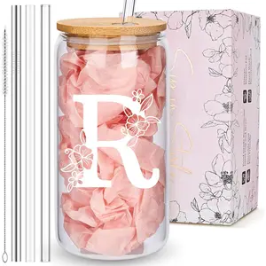 Personalized Tumbler, Monogrammed Can Glass Cups with   and Straws, Customized Gifts for Women, Cute Design Initial Iced Coffee glasses, Custom Letter Mug, Birthday Bridesmaid, R