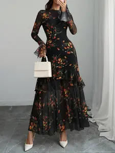 Women's Elegant Chic Formal Round Neck Long Sleeve Slim Fit Dress, Floral Hem and Lining, Perfect for Outdoors and Parties, All Seasons