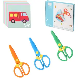 3-Pack Toddler Safety Scissors Kit - Child-Safe Preschool Training Scissors & 60 Sheets Craft Paper | Ergonomic Blunt Tips, Early Childhood Development Tools for Kids 2-5 Years