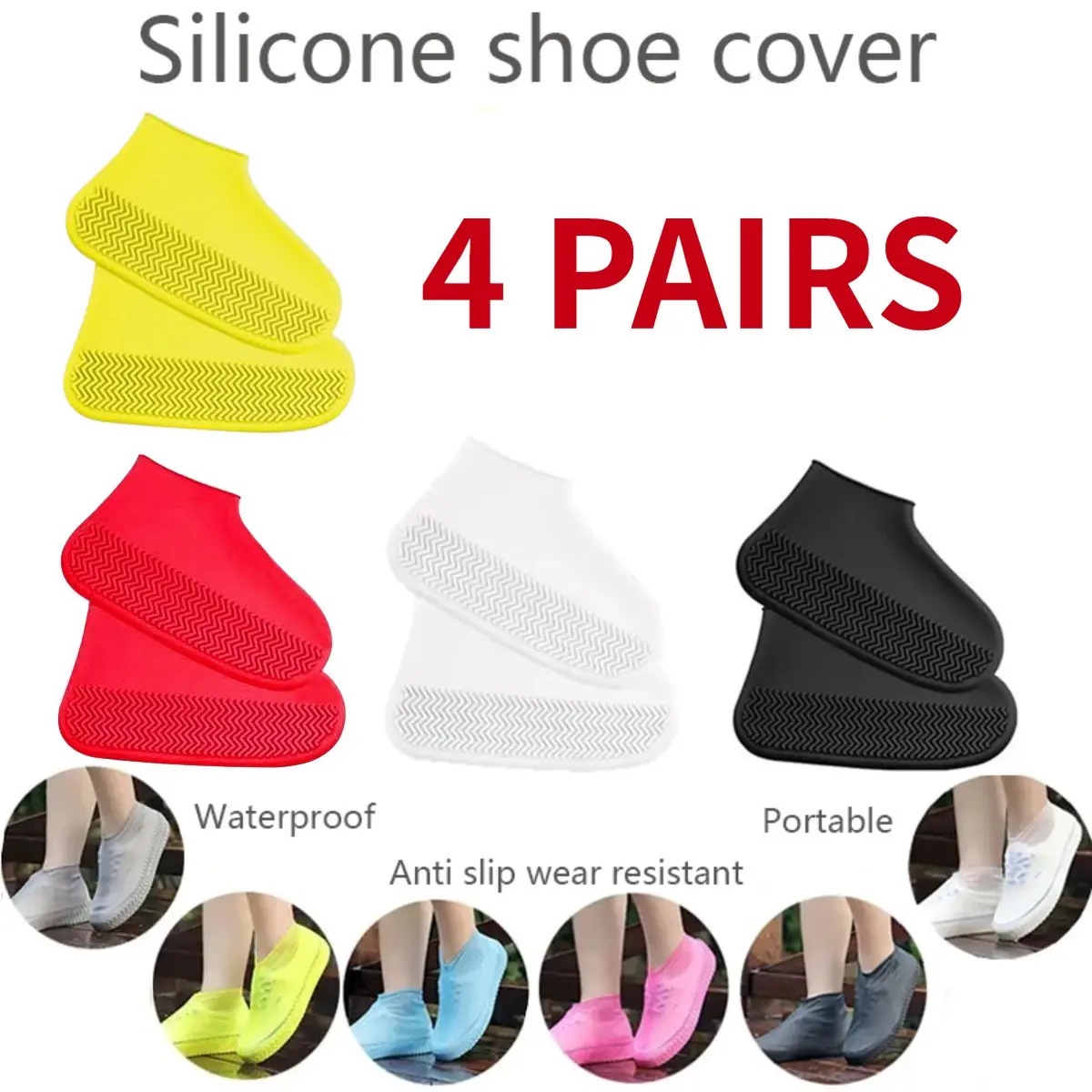 4 Pairs Reusable Waterproof Stretchable Silicone Shoe Covers, Non-Slip Heavy-Duty Thick Rain Boot Covers for Men and Women, Outdoor Home Supplies Rain Gear