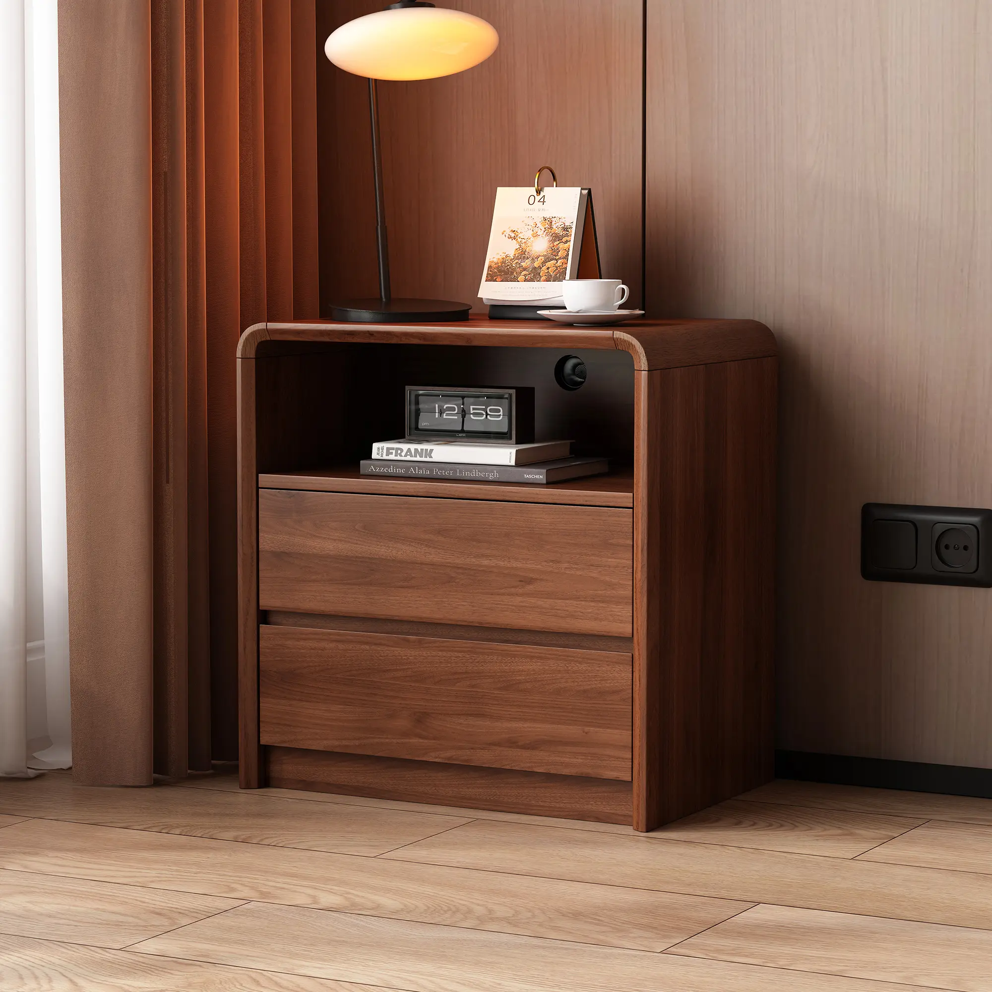 Mid-Century Modern Nightstand with Drawer & Open Shelf, Solid Wood Bedside Table with Tapered Legs, Nightstand Sets of 2, Finish End Table for Bedroom, Living Room & Home Office, Easy Assembly, Walnut/ Black/ White Bedroom Nightstands Modern Wooden Nights