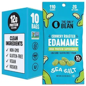 The Only Bean Crunchy Dry Roasted Edamame Snacks (Sea Salt), Healthy High Protein(11g) Keto Food, Low Carb Gluten Free Office Vegan Food 100 Calorie Snack Pack, 0.9oz 10 Pack