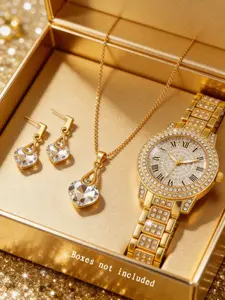 Elegant Watch Set with Sparkling Water Drill Pendant Earrings & Necklace, Perfect Mother's Day Gift, All Seasons Jewelry