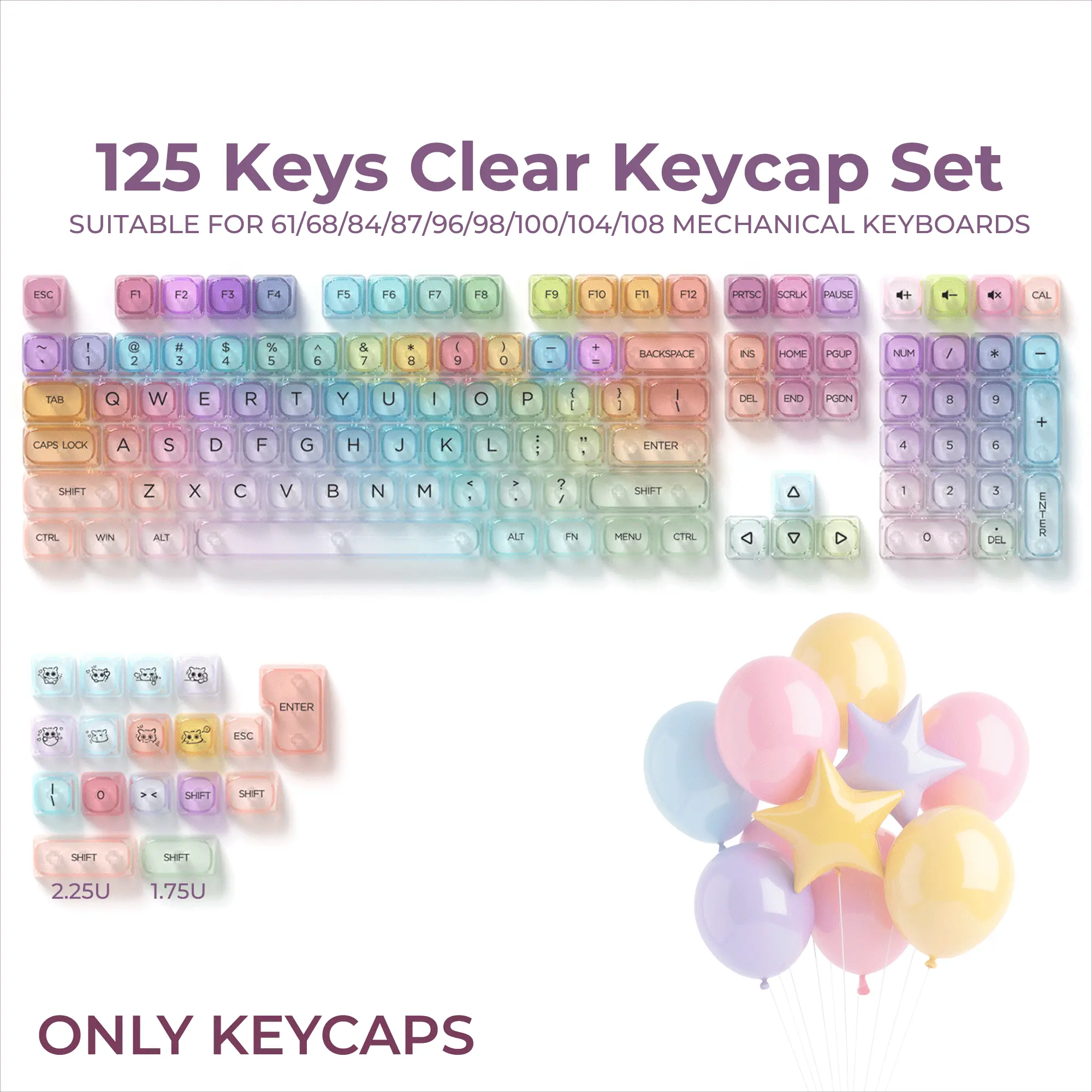 XVX Candy Series Translucent Keycap Set, 125-Key Pastel Gradient MOA Profile PC Plastic, Double Shot Printing Shine-Through for MX Switches ANSI Layout (Keycaps Only, No Keyboard Included) TikTok Shop Back to School
