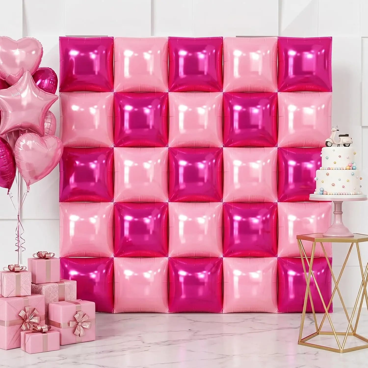 25 Pcs Self-Sealing Metallic Hot Magenta Pink Square Double-Sided Mylar Foil Checkerboard Cube Balloons Set, Backdrop Wall Photo Decor for Birthday, Quinceanera Celebrations