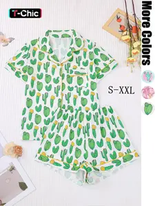 Two-Piece Set Women's All Over Cactus Print Short Sleeve Pajama, Casual Comfy Button Up Shirt & Elastic Waist Shorts Set, Ladies Sleepwear for All Seasons