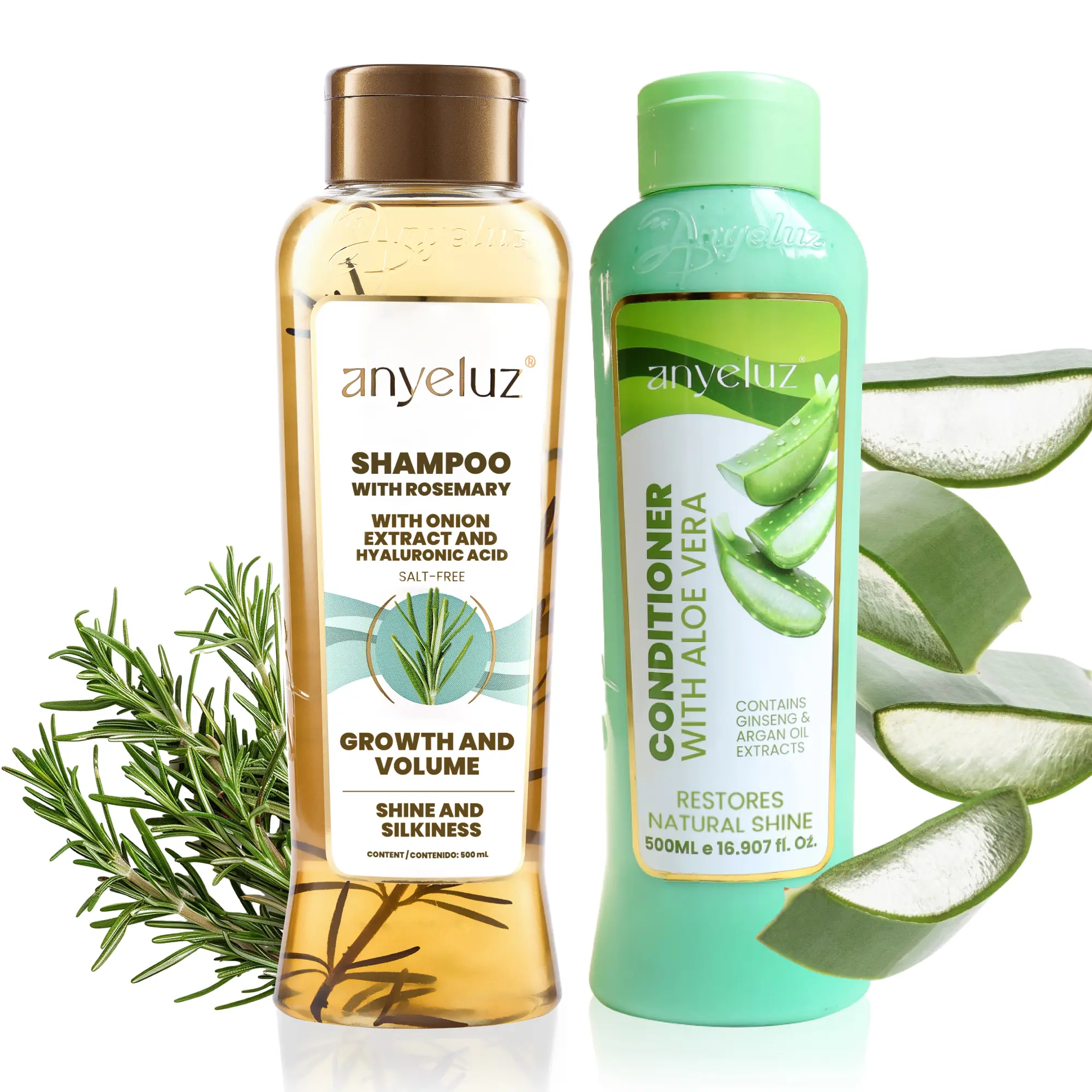 ANYELUZ Rosemary Shampoo & Aloe Vera Conditioner Set - Sulfate-Free Haircare for Frizz Control & Oily Scalp, Promotes Glossy & Bouncy Hair for All Hair Types, Cleanser, Glossy Hair