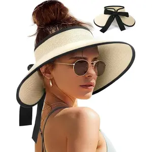 Sun Visors for Women Wide Brim Beach Hat Foldable Straw Visor Hat Ponytail Summer Packable UPF 80+