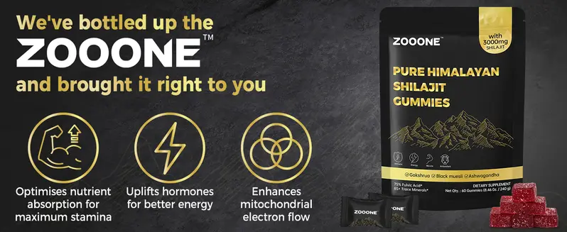Product Introduction of ZOOONE 60 Gummies Pure Himalayan Shilajit Gummies Gold I Lab Tested I No Added Sugar I Ashwagandha, Gokshura| Fulvic Acid & 85+ Trace Minerals I for Men, Women I Non-GMO I 100% Natural & Organic I 0