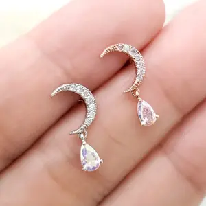 16G Crescent Moon with AB Tear dangle Stud Surgical Steel Cartilage Earring, Helix Stud, Conch Piercing