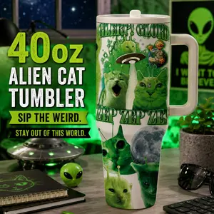 1 Pc 40oz Alien Cat Insulated Tumbler, Flasks, Double Wall, Leak-Proof, Keeps Hot for 12hrs, Keeps Cold for 24hrs, Perfect for Daily Use, Office, Travel, Outdoor, Durable, Ideal Gift for Cat Lovers, Space Fans, Birthdays, Holidays, Drinkware