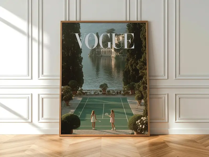 Retro Lakeside Tennis Court Print, Vintage Italian Travel Poster, Luxury Wall Art, Fashion Poster