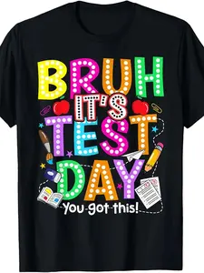 Testing Day Bruh It's Test Day You Got This Teacher T-Shirt - Funny Motivational Exam Shirt for and Teachers, Unisex Casual Fit Tee with Retro Slogan, Year-Round Wearable Study Party Apparel Lucky Star Baby AI Holding graphic gift blue jeans white
