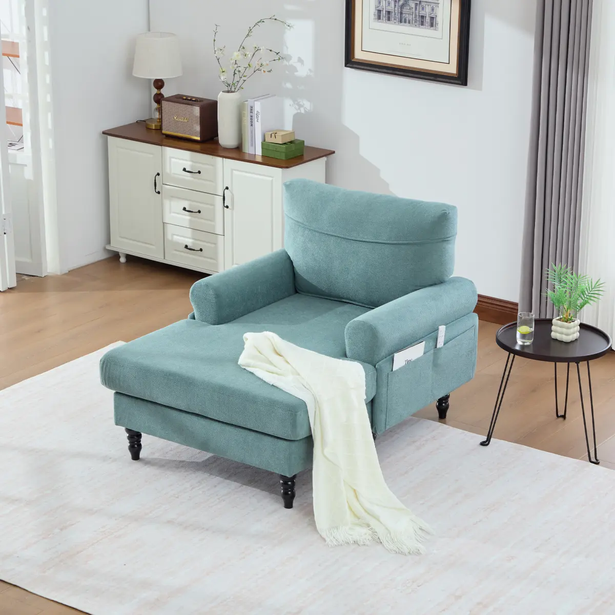 Modern Minimalist Chenille Fabric Chaise Lounge Recliner Single Sofa Living Room Bedroom Rest Chair Wooden Sofa Legs with Comfortable Backrest and Armrests Side Pockets for Storage Suitable for Office, Sofa With Headrest, Upholstered Soft Couch