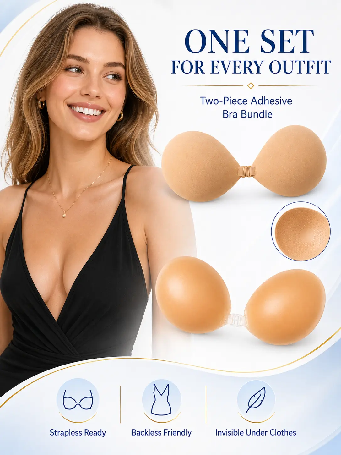 Women’s Adhesive Bra Set, 2-Pack Silicone and Invisible Sticky Bras with Front Clasp, Strapless Backless Reusable Bras for Low-Cut Dresses and Tops push