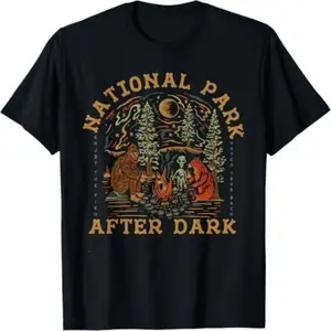 [100% Cotton] Lightweight Printed National Park After Dark Bigfoot Alien Camping Shirt, Funny Cryptid Creature Campfire Graphic Tee, Vintage Retro Outdoor Hiking National Park Tee, Sasquatch Alien Bear Camping Gift Shirt, Watch Your Back Camping Meme Tee