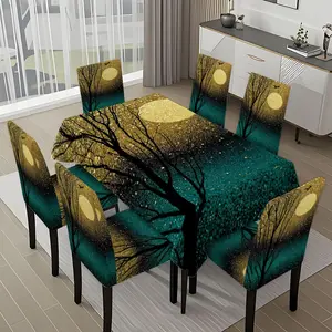 5/7-piece 2D Flat Printing Black Gold Dead Tree and Bird Printing Pattern Tablecloth and Chair Cover Set, for dining table and chair decoration, perfect for home, holiday gatherings, restaurants, and parties.