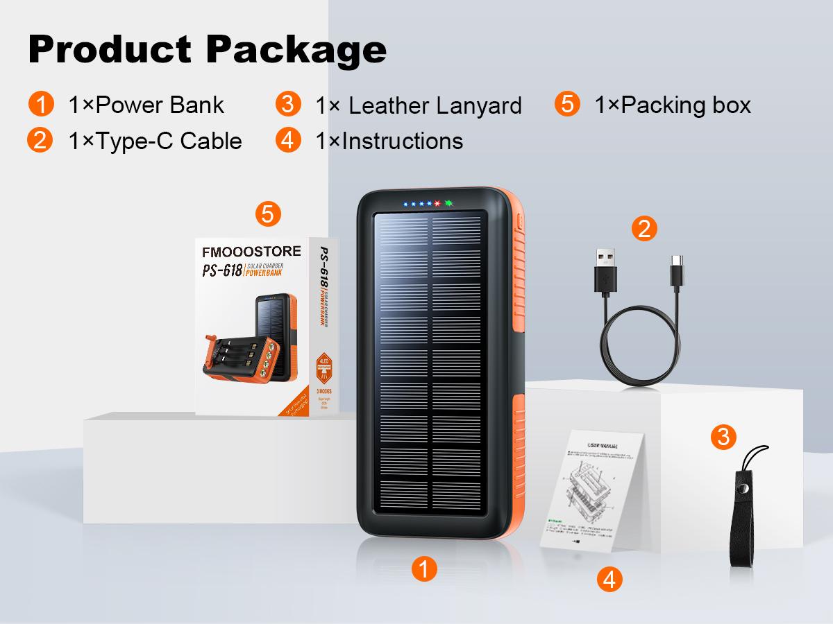 solar Power Bank 63200mAh Portable Charger Dual Outputs Dual Inputs 4 LEDs Flashlight Hand Crank Solar Charger Fast Charging Battery Pack for Outdoor Camping Emergency Gear,back to school