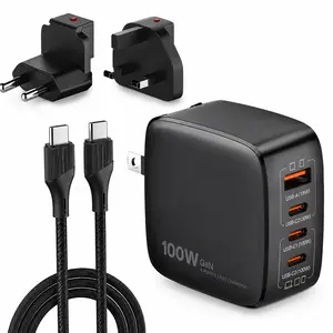 100W GaN USB-C Wall Charger with Multi Ports (USB-C & USB-A), Fast Charging Travel Adapter with Dual USB-C Cables, Compact Power Charger for Phones, Tablets & Laptops