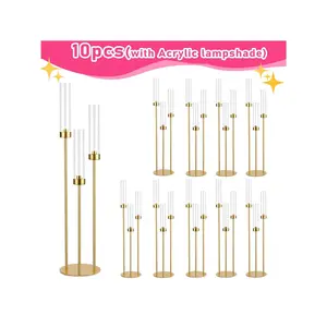 10Pcs 33.5in Tall Golden Floor Candelabra Candle Holder With Clear Acrylic Lampshade, 3Arm Hurricane Candle Holders For Wedding Table Centerpiece, Birthday Party ,Home Decoration (Fit LED Taper Candles)