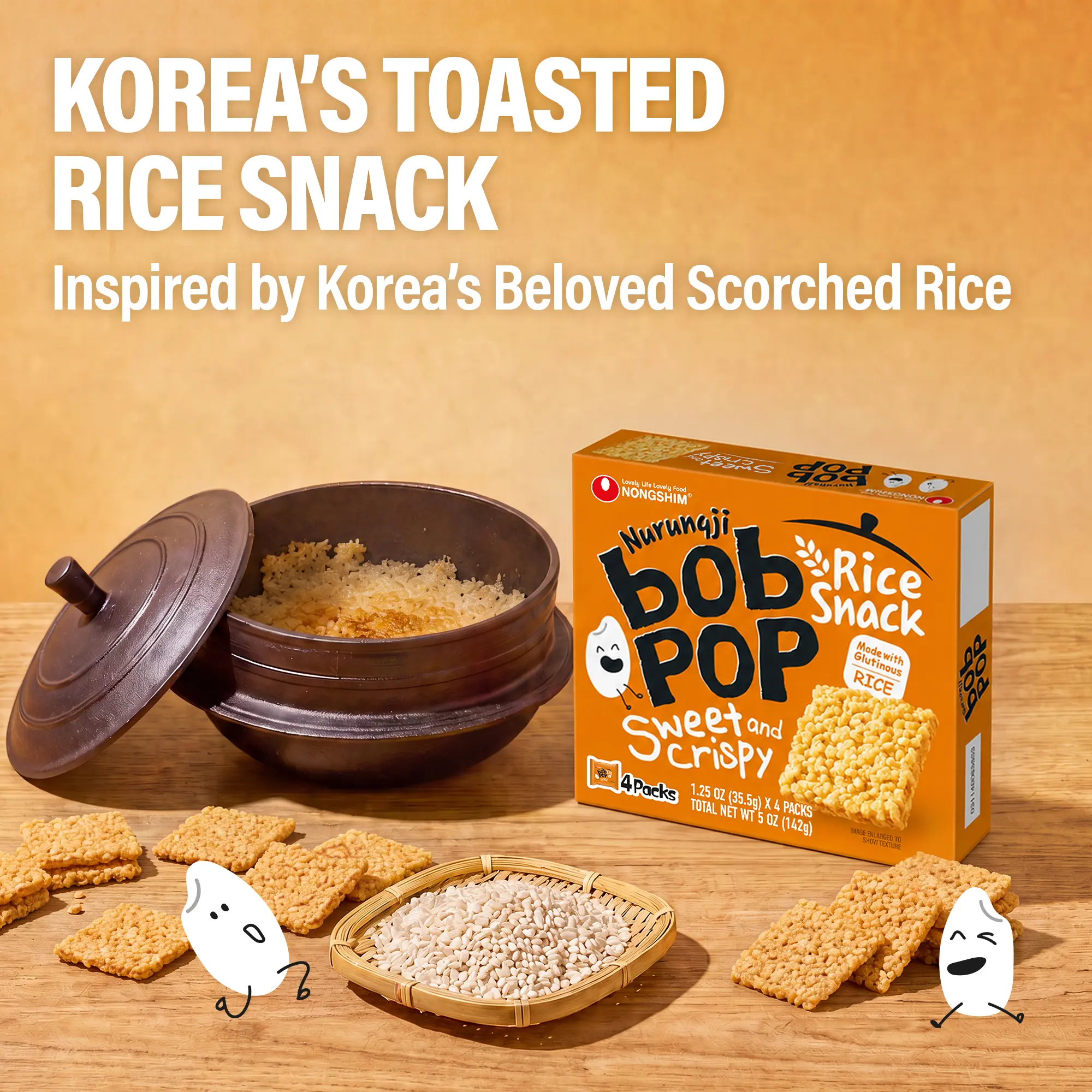 BobPop Rice Snack Sweet and Crispy Inspired by Korea's Beloved Scorched Rice 4 Packs