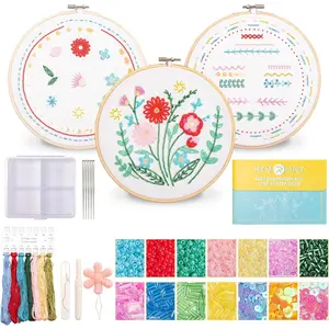 3 Sets Bling Bling Bead Embroidery Kit for Beginners, 3D Starter Embroidery Set with Step By Step Stitch Video & Instructions, 19 Stitches, Perfect for Gift