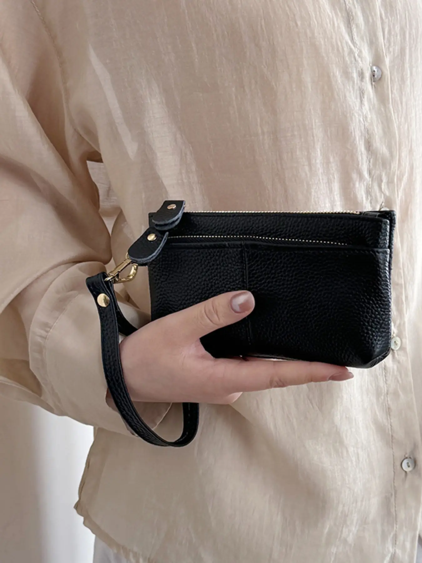 Pure Color Leather Zip Around Wristlet Wallet Clutch, Dual Zipper Handbag, Women's Soft Leather Commuter Bag, Portable Large Capacity Card Holder, Zipper Wristlet Purse