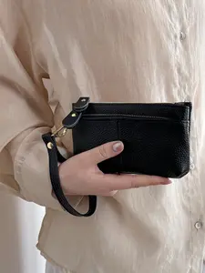 Pure Color Leather Zip Around Wristlet Wallet Clutch, Dual Zipper Handbag, Women's Soft Leather Commuter Bag, Portable Large Capacity Card Holder