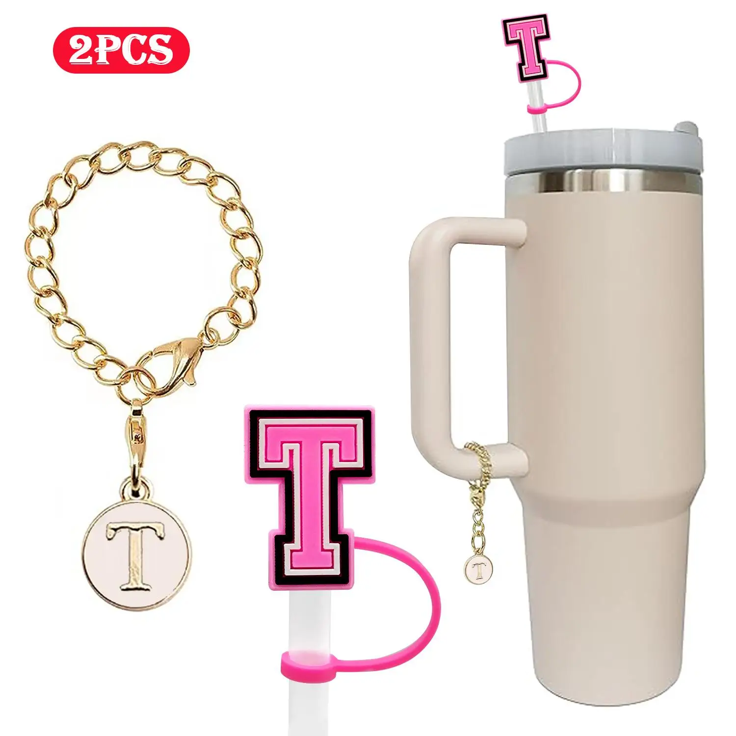 Letter Pattern Tumbler Charm & Straw Topper, 2 Counts Straw Cover with Name Tag, Stylish Cup Accessories, Letter Pendant & Straw Toppers for Water Bot