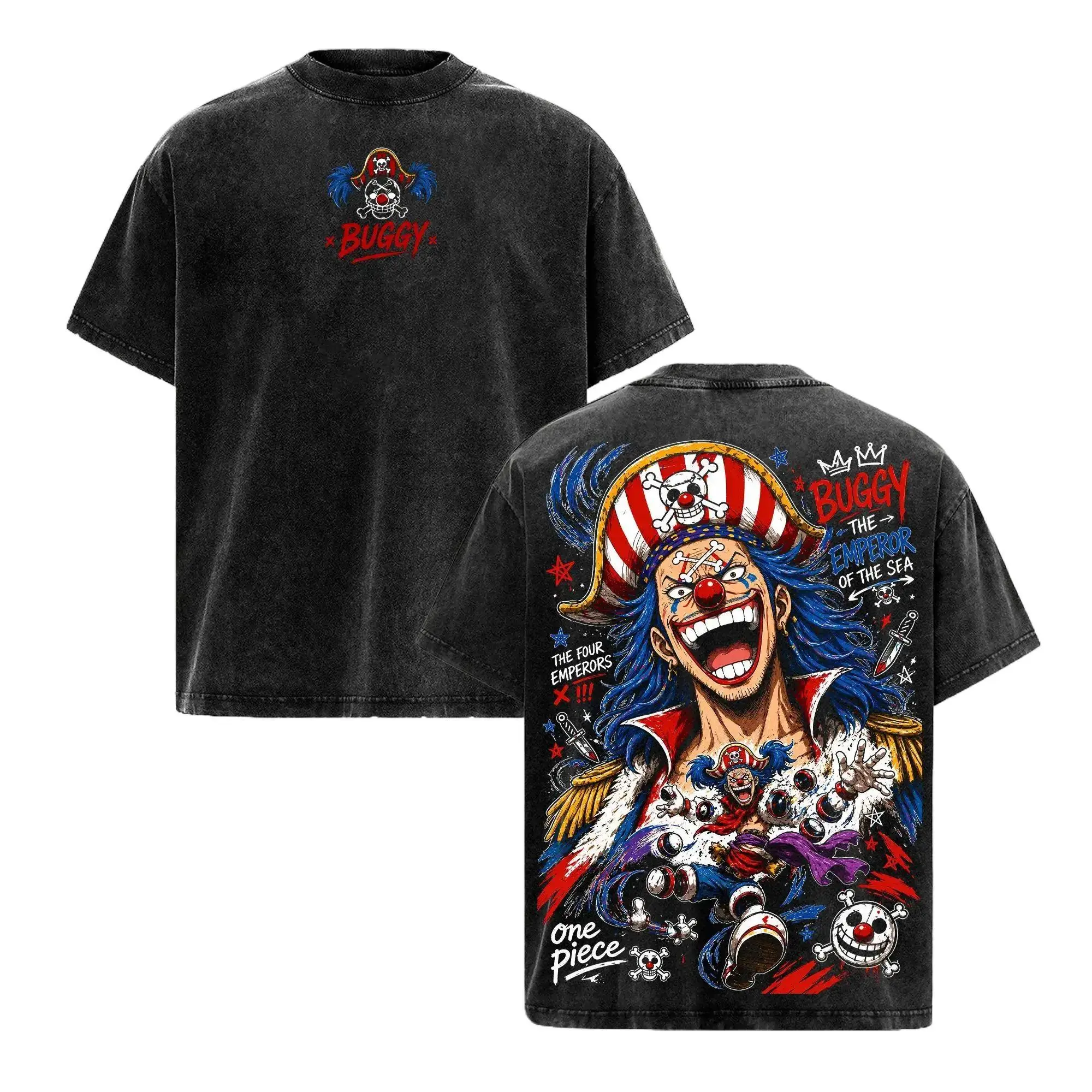 Buggy One Piece Vintage Washed Tee Emperor of the Sea Yonko Anime Shirt Manga Graphic Oversized Unisex