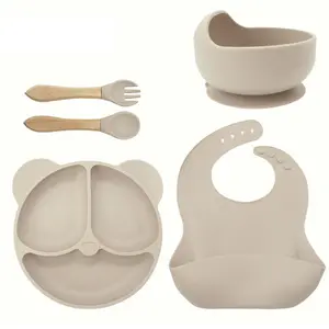 5 Piece Silicone Baby Feeding Set, Non-Toxic Plates and Utensils, Divided Plate, Bowls with Suction, Silicone Bibs, Spoons and Fork