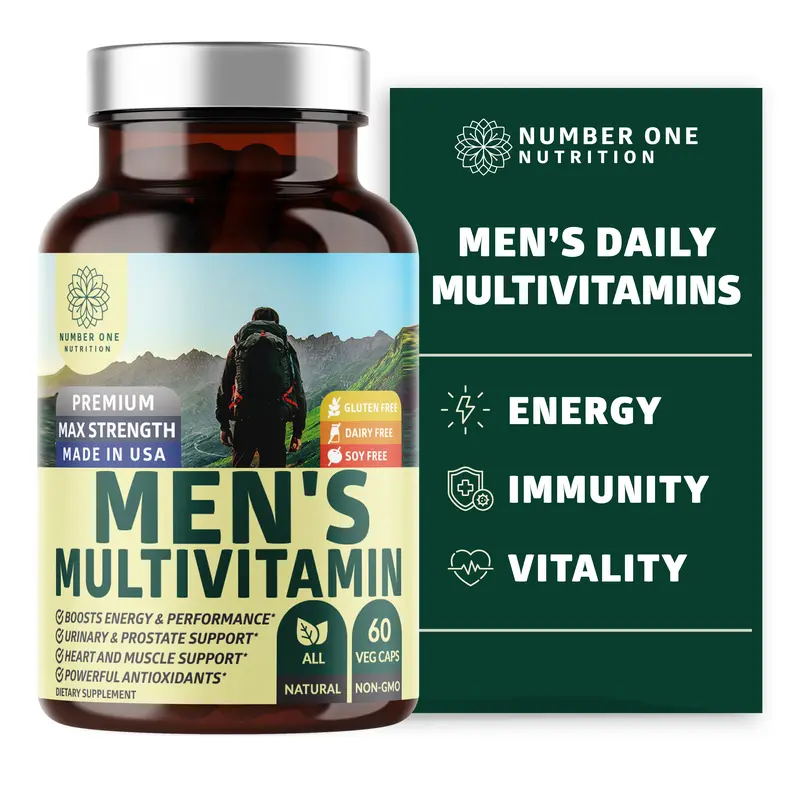 Men's Daily Multivitamin Multimineral Supplement [Gluten Free, Non-GMO], Vitamins A C E D B1 B2 B3 B5 B6 B12, Magnesium, Biotin, Sprulina, and Zinc, 60 Veg Caps
