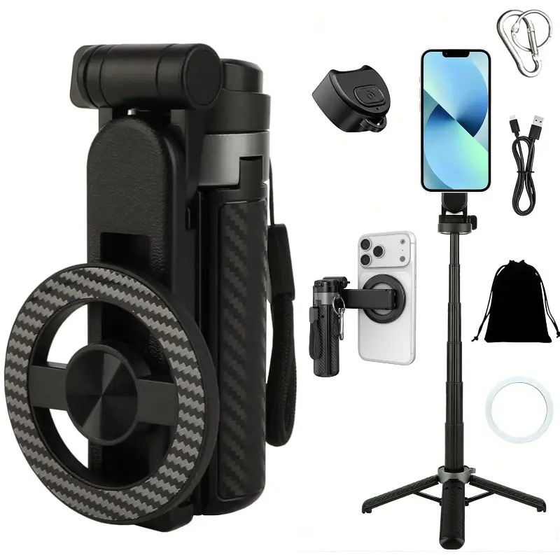 2026 4-in-1 Multifunctional Magnetic mini Selfie Stick with 360° Rotation Compact Stylish Wireless Bluetooth Control Magnetic Phone Holder for Selfies Video Recording Vlogging Compatible with Most Phones - Stabilizer Camera,Maxinum extend to 14.96 inches