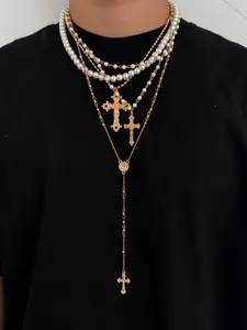 Vintage Metal Jesus Cross Y-Shaped Long Necklace Set, Cross Charm Necklace, Boho Style Faux Pearl Pendant Necklaces for Men, All Season Exquisite Religious Jewelry Gift