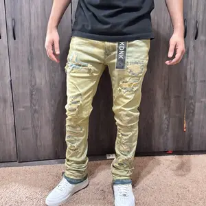 KDNK Men's Stacked Flare Jeans with Distressed Rips and Gold Color for Trendy Outfits