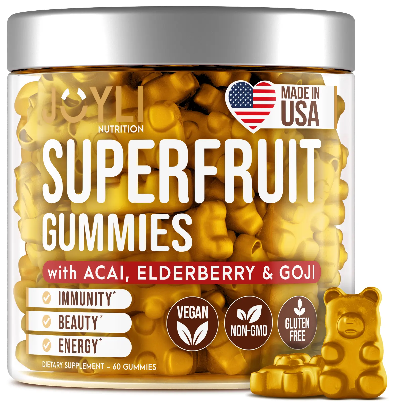 JOYLI Nutrition Superfruit Gummies with Acai, Goji & Elderberry, Sugar-Free Multivitamin Supplement for Women, Men & Kids - 60 Gummies
