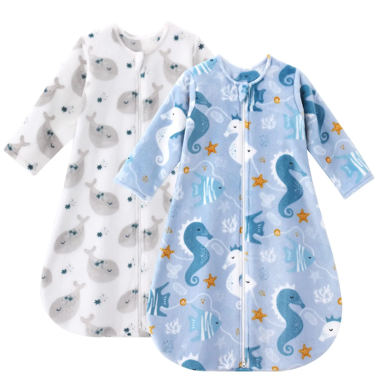 Yoofoss Long Sleeve Fleece Baby Sleep Sack 6-12 Months, 2 Pack TOG 1.5 Baby Wearable Blanket with 2-Way Zipper, Toddler Sleeping Sack, Soft Warm