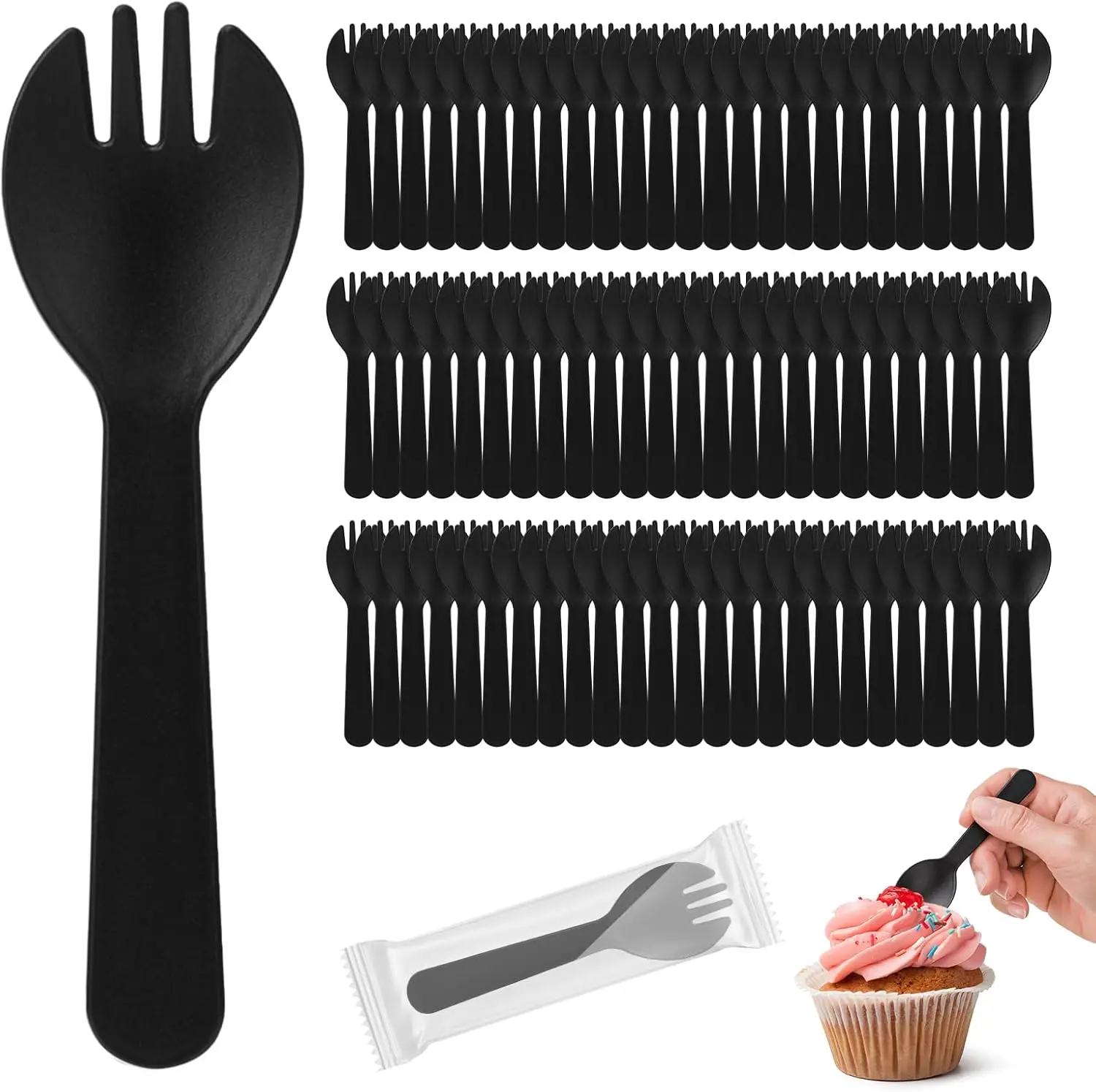 100PCS Mini Plastic Sporks Individually Wrapped, 4.2 Inch Disposable Fork Spoon Combo for Desserts, Ice Cream, Cake, Parties and To-Go