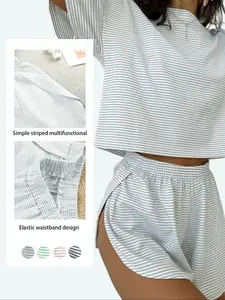2-Piece Set Striped Casual Loose Knit Round Neck Long Sleeve Top & Side Split Shorts, Halloween Cartoon Design, All Seasons Wear, Womenswear, co-ord sets for women, loungewear set, Pj sets for women