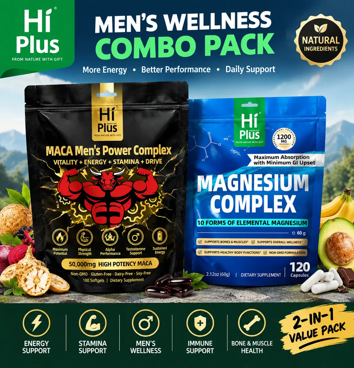 HiPlus Maca for Men & Magnesium Complex Bundle, 50,000mg High Potency Maca + 1200mg Magnesium, Men's Energy, Stamina & Daily Wellness Support, 2-in-1 Supplement Pack Healthcare Fitness Dietary Edible Optimum