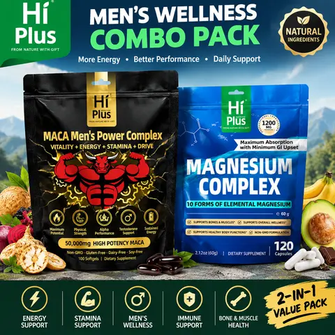 HiPlus Maca Root & Magnesium Complex Bundle, 50000mg High Potency Maca, 1200mg Magnesium, Men's Energy & Stamina Support, 2-in-1 Dietary Supplement for Fitness & Daily Health
