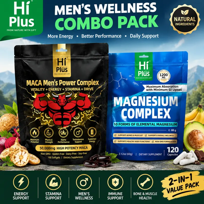 HiPlus Maca Root & Magnesium Complex Bundle, 50000mg High Potency Maca, 1200mg Magnesium, Men's Energy & Stamina Support, 2-in-1 Dietary Supplement for Fitness & Daily Health