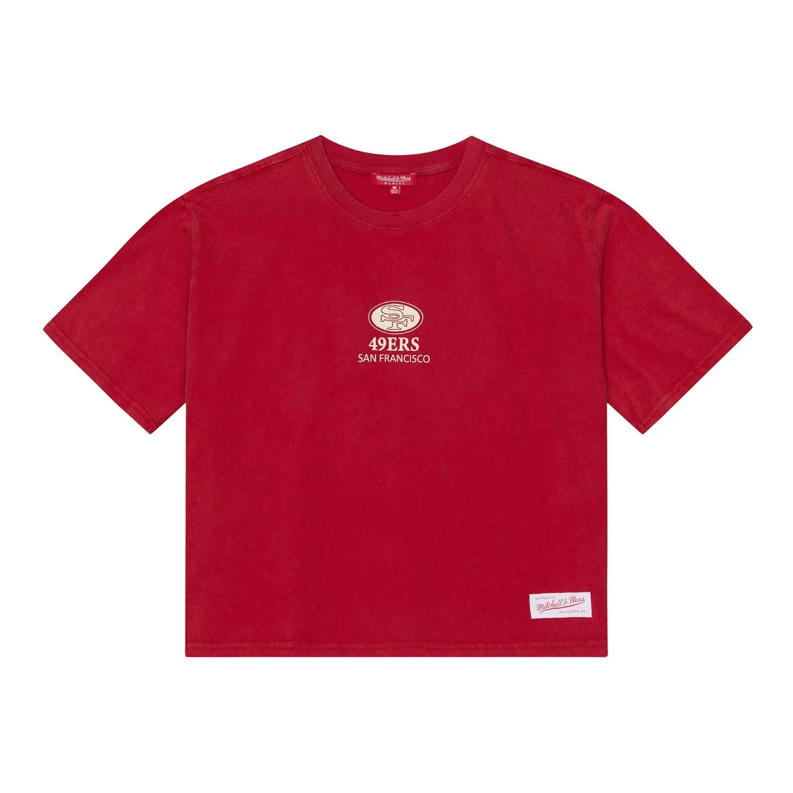Women's San Francisco 49ers Scarlet Core Essentials Cropped Boxy T-Shirt NFL Throwback Tee Graphic Vintage Fan Gear Mitchell & Ness