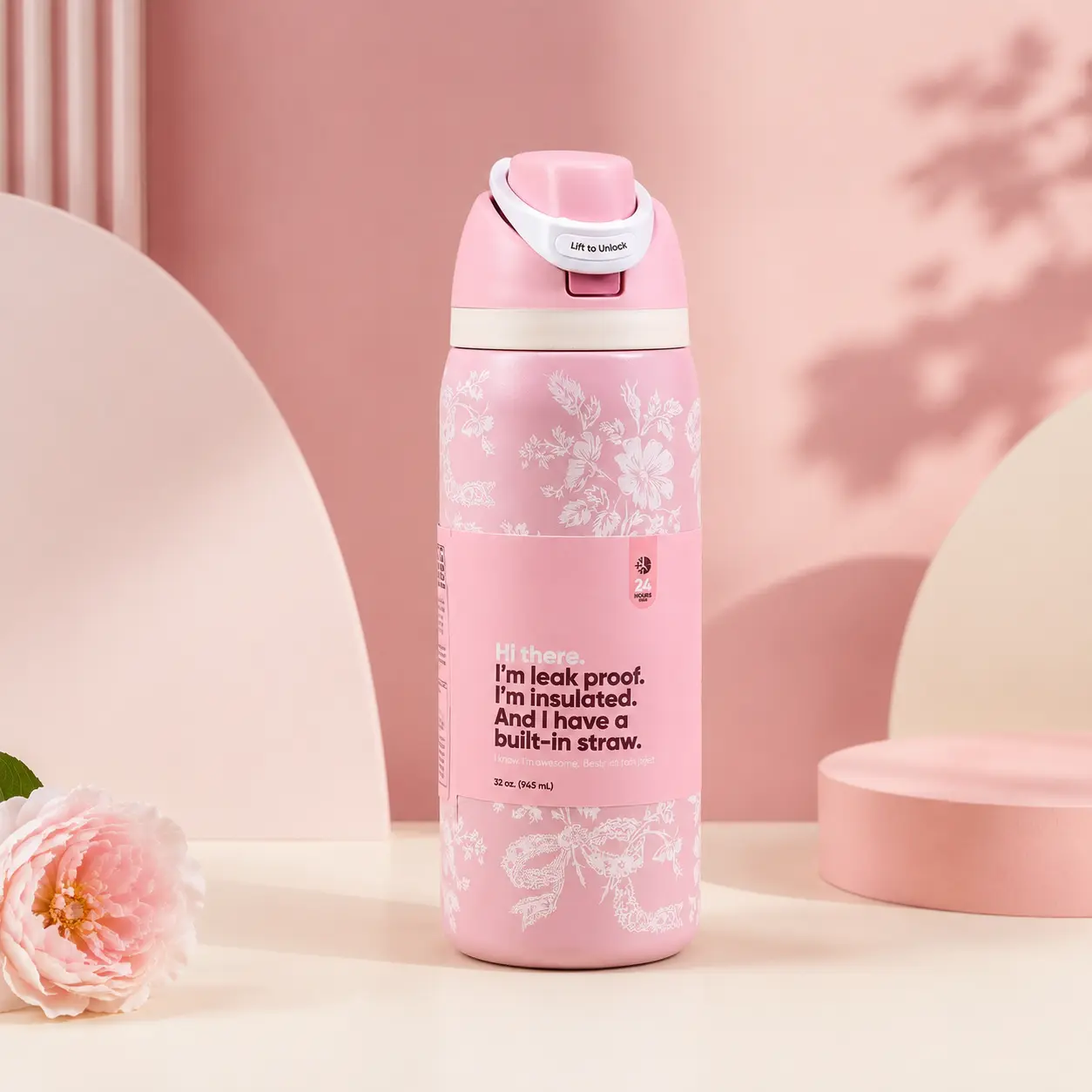 Owala FreeSip 24 oz Pink Floral Bow Water Bottle, Insulated Leakproof Stainless Steel Bottle with Built-In Straw, Push-Button Lid and Carry Loop