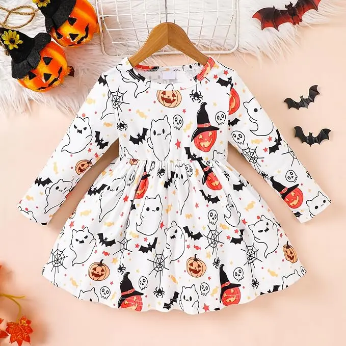 Baby Girl Halloween Dress 6M-3T Long Sleeve A Line Pumpkin Ghost Print Fall Outfit Toddler Halloween Costume Dress for Girls Fall Photos Holiday Wear