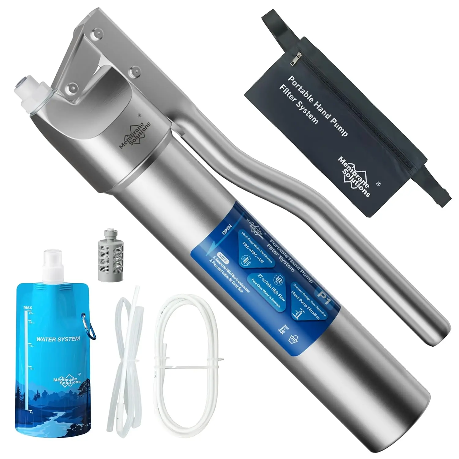 Membrane Solutions Portable Stainless Steel UF Water Filter P1, 0.01-Micron high Precision Detachable Hand Pump Filter System, Survival Gear for Hiking, Camping, Travel, and Emergency Preparedness