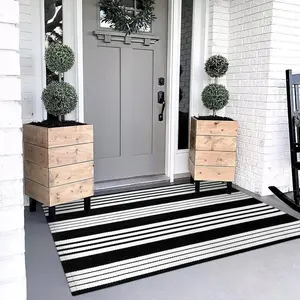 Black and White Outdoor Rug Cotton Hand-Woven Striped Porch Rug Machine Washable Entry Rug Indoor/Outdoor Area Rug Front Door Rug Floor Mat for Farmhouse/Living Room/Home Entrance