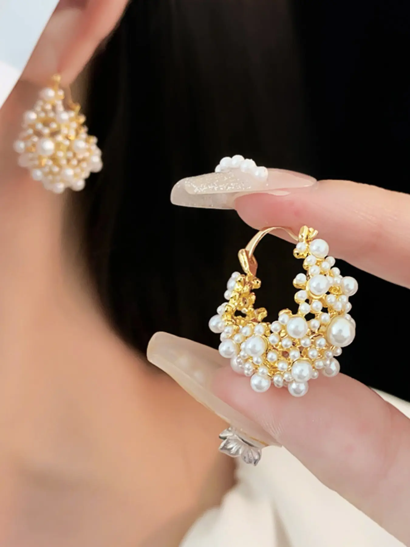 French Vintage Palace Artificial Pearl Ethnic Pattern Earrings, High Quality Earrings, Elegant Design, Perfect for Special Occasions, Women's Jewelry Accessory, Hoop Earrings, Fashion Ear Jewelry