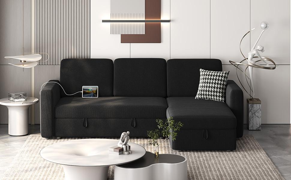 【4 Packages Delivery】Yaheetech L-Shaped Sectional Storage Sofa with Chaise, USB & Type-C Ports, Reversible Couch Sleeper with Pull Out Bed